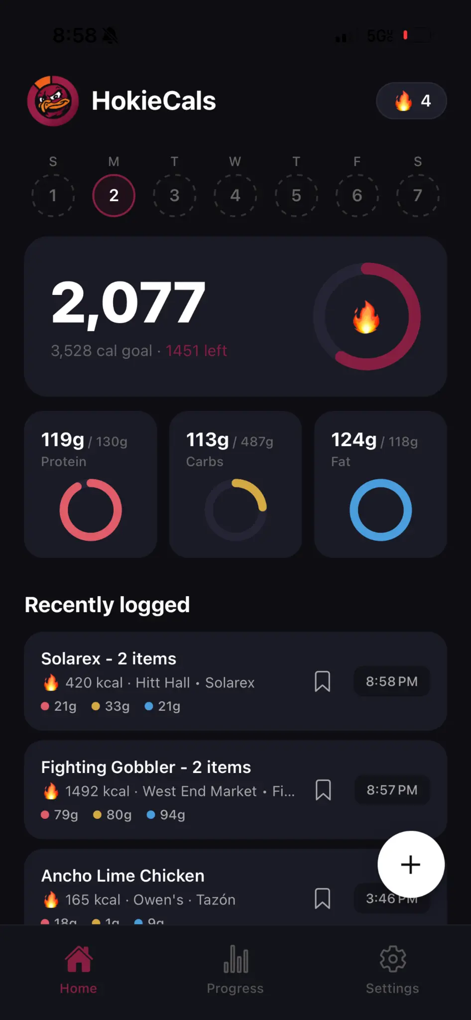 VTCals home dashboard